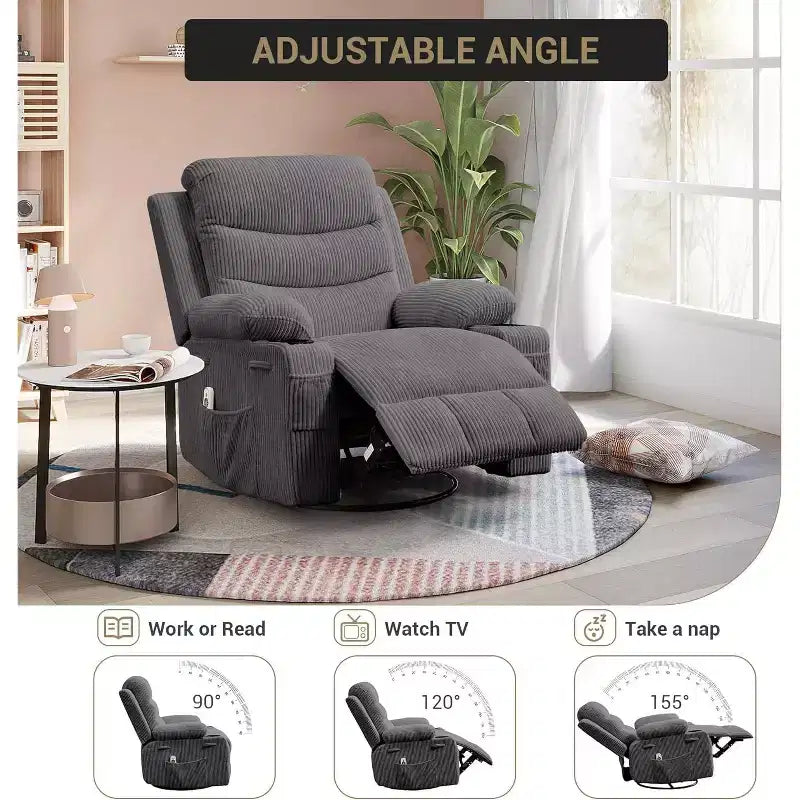 Fauteuil à bascule pivotant, petit fauteuil inclinable à bascule pour petits espaces, fauteuil planeur rembourré en tissu avec poches latérales et porte-gobelet, fauteuil inclinable avec massage et chauffage