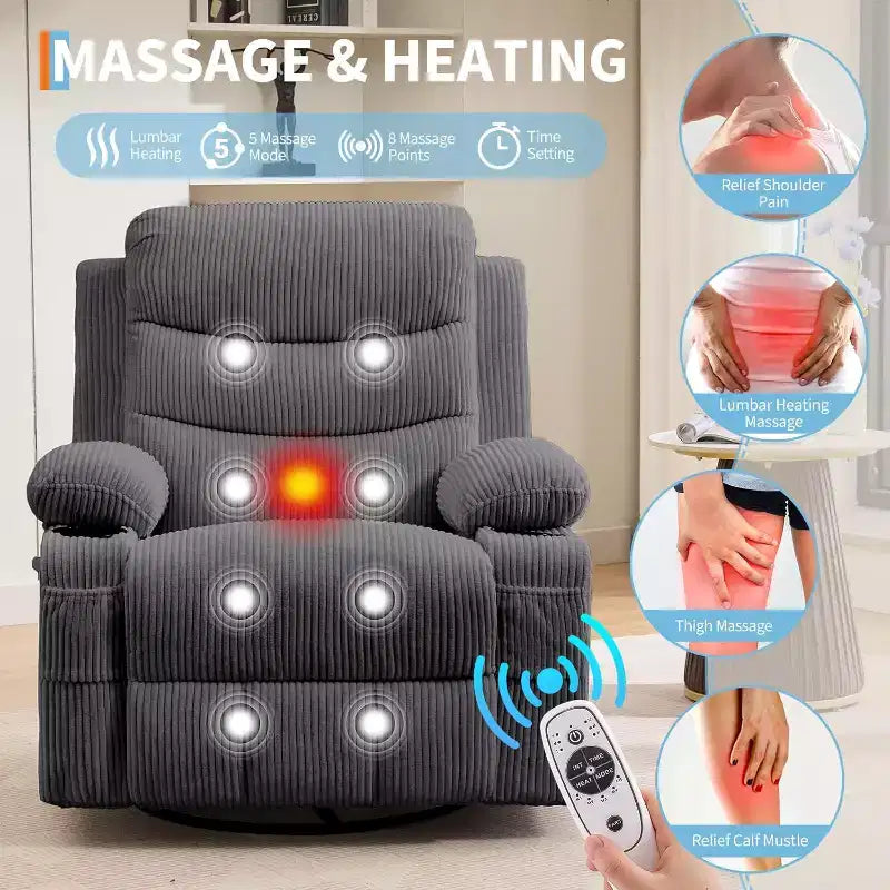 Fauteuil à bascule pivotant, petit fauteuil inclinable à bascule pour petits espaces, fauteuil planeur rembourré en tissu avec poches latérales et porte-gobelet, fauteuil inclinable avec massage et chauffage