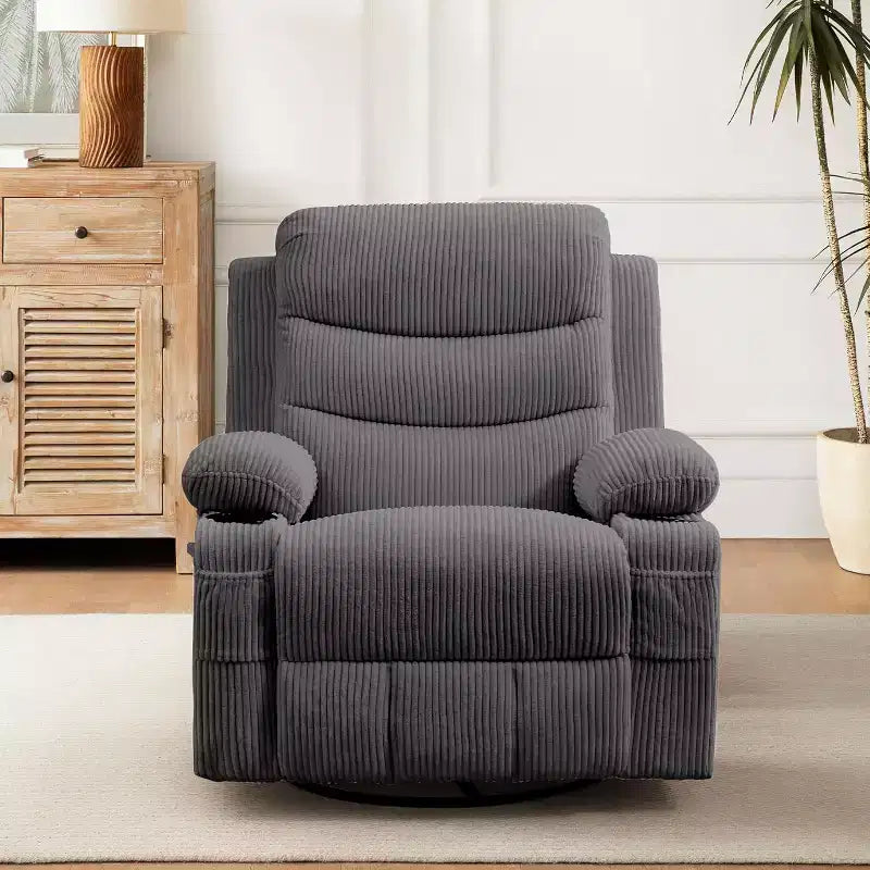 Fauteuil à bascule pivotant, petit fauteuil inclinable à bascule pour petits espaces, fauteuil planeur rembourré en tissu avec poches latérales et porte-gobelet, fauteuil inclinable avec massage et chauffage