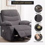 Fauteuil à bascule pivotant, petit fauteuil inclinable à bascule pour petits espaces, fauteuil planeur rembourré en tissu avec poches latérales et porte-gobelet, fauteuil inclinable avec massage et chauffage