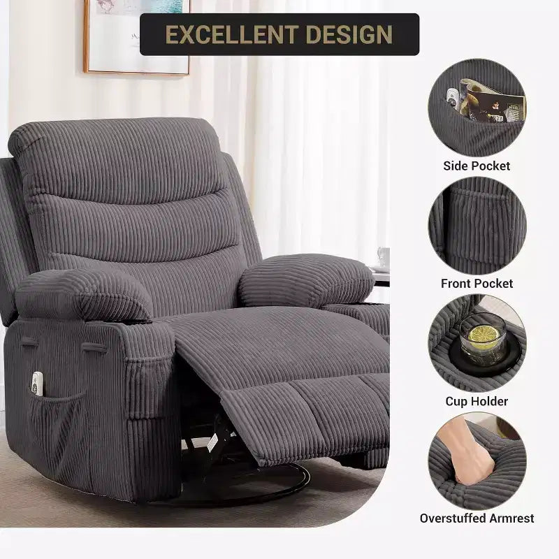 Fauteuil à bascule pivotant, petit fauteuil inclinable à bascule pour petits espaces, fauteuil planeur rembourré en tissu avec poches latérales et porte-gobelet, fauteuil inclinable avec massage et chauffage