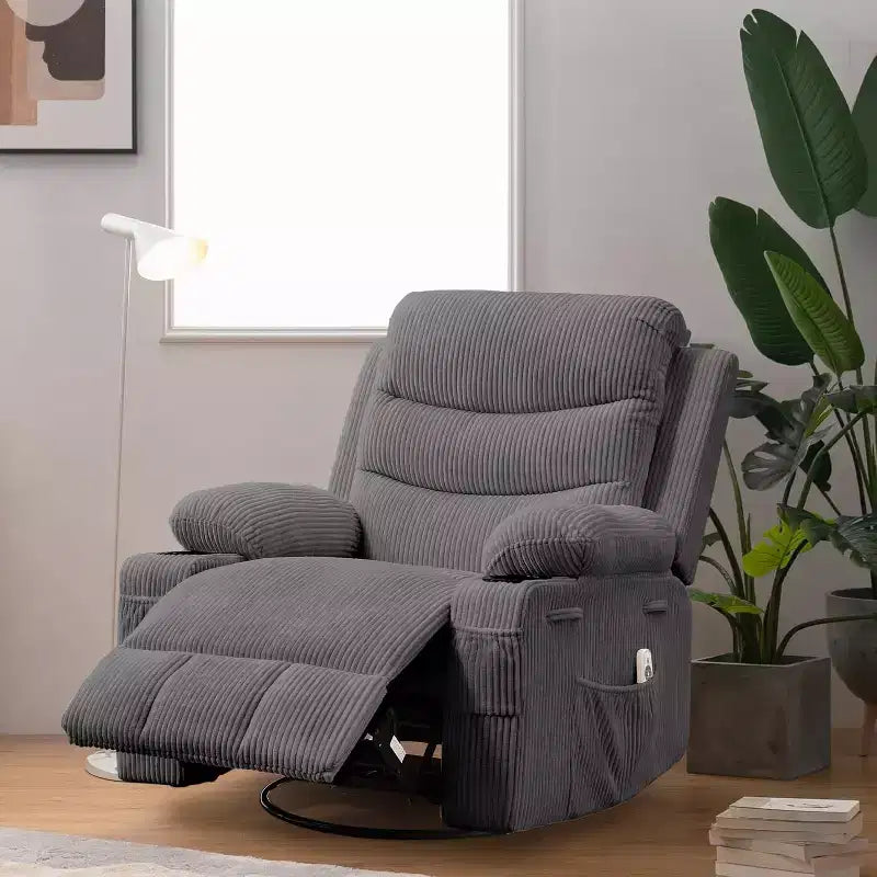 Fauteuil à bascule pivotant, petit fauteuil inclinable à bascule pour petits espaces, fauteuil planeur rembourré en tissu avec poches latérales et porte-gobelet, fauteuil inclinable avec massage et chauffage