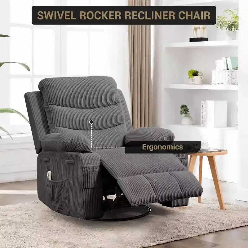 Fauteuil à bascule pivotant, petit fauteuil inclinable à bascule pour petits espaces, fauteuil planeur rembourré en tissu avec poches latérales et porte-gobelet, fauteuil inclinable avec massage et chauffage