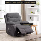 Fauteuil à bascule pivotant, petit fauteuil inclinable à bascule pour petits espaces, fauteuil planeur rembourré en tissu avec poches latérales et porte-gobelet, fauteuil inclinable avec massage et chauffage