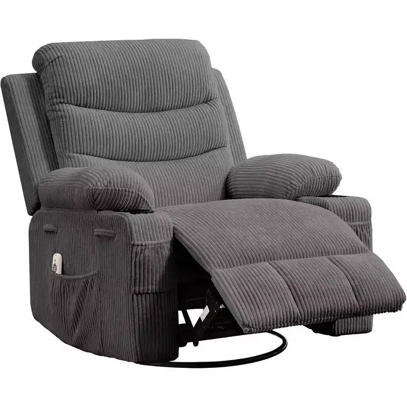 Fauteuil à bascule pivotant, petit fauteuil inclinable à bascule pour petits espaces, fauteuil planeur rembourré en tissu avec poches latérales et porte-gobelet, fauteuil inclinable avec massage et chauffage
