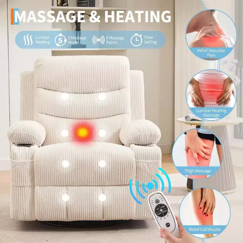 Fauteuil à bascule pivotant, petit fauteuil inclinable à bascule pour petits espaces, fauteuil planeur rembourré en tissu avec poches latérales et porte-gobelet, fauteuil inclinable avec massage et chauffage