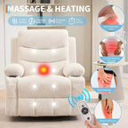Fauteuil à bascule pivotant, petit fauteuil inclinable à bascule pour petits espaces, fauteuil planeur rembourré en tissu avec poches latérales et porte-gobelet, fauteuil inclinable avec massage et chauffage