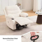 Fauteuil à bascule pivotant, petit fauteuil inclinable à bascule pour petits espaces, fauteuil planeur rembourré en tissu avec poches latérales et porte-gobelet, fauteuil inclinable avec massage et chauffage