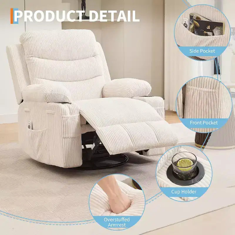 Fauteuil à bascule pivotant, petit fauteuil inclinable à bascule pour petits espaces, fauteuil planeur rembourré en tissu avec poches latérales et porte-gobelet, fauteuil inclinable avec massage et chauffage