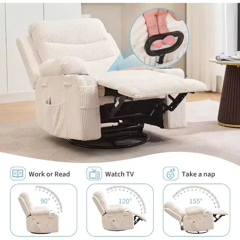 Fauteuil à bascule pivotant, petit fauteuil inclinable à bascule pour petits espaces, fauteuil planeur rembourré en tissu avec poches latérales et porte-gobelet, fauteuil inclinable avec massage et chauffage