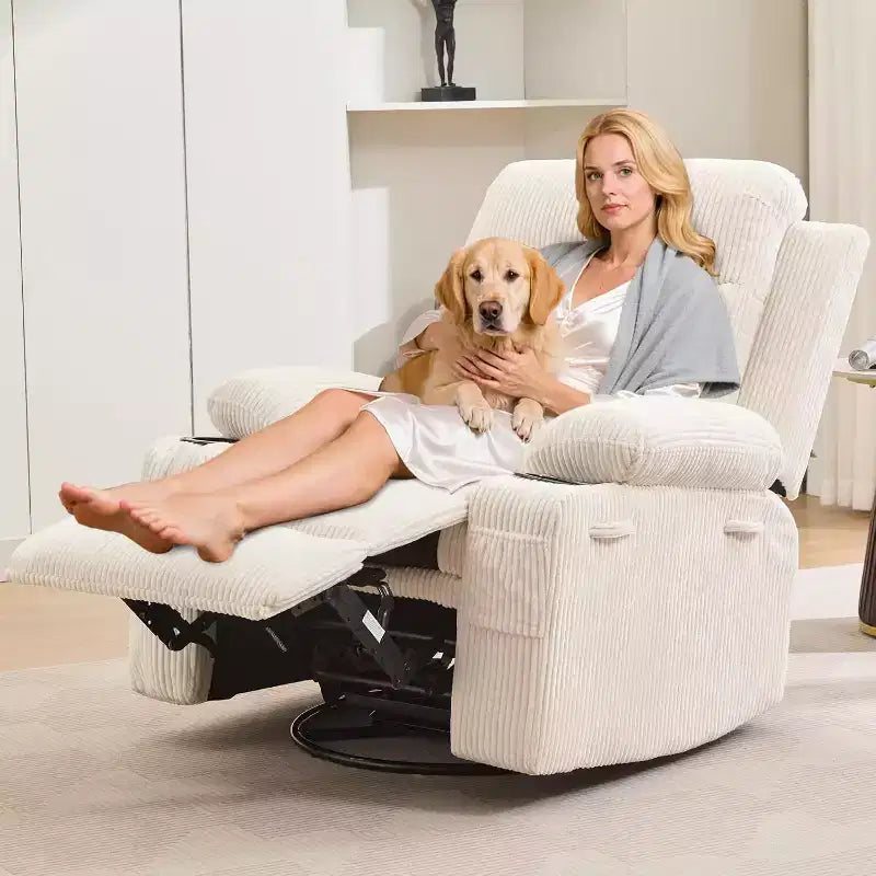 Fauteuil à bascule pivotant, petit fauteuil inclinable à bascule pour petits espaces, fauteuil planeur rembourré en tissu avec poches latérales et porte-gobelet, fauteuil inclinable avec massage et chauffage