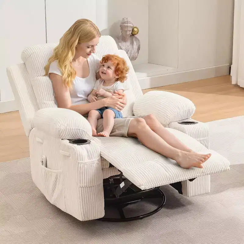 Fauteuil à bascule pivotant, petit fauteuil inclinable à bascule pour petits espaces, fauteuil planeur rembourré en tissu avec poches latérales et porte-gobelet, fauteuil inclinable avec massage et chauffage