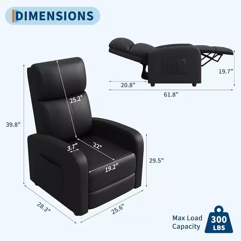 Poltrona Reclinabile per Adulti, Recliner Pigra in Pelle PU Ergonomica Regolabile, Poltrona Singola con Tasca Laterale, Schienale Alto, Braccioli Ampi e Seduta Imbottita