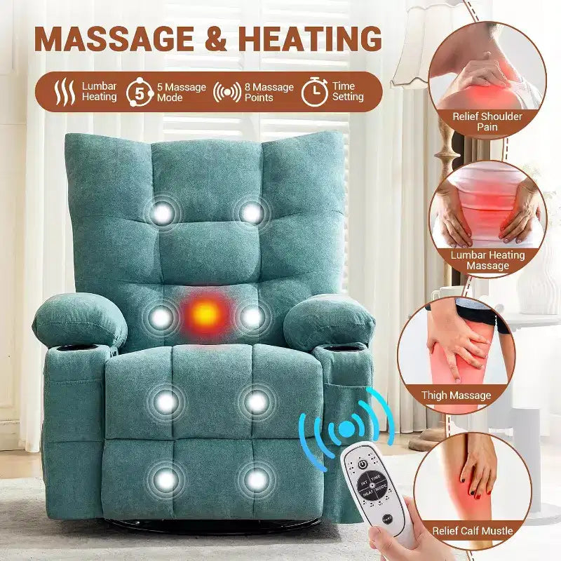 Fauteuil Inclinable Pivotant à Bascule avec Chauffage et Massage, Canapé Simple Pivotant Surdimensionné avec Porte-gobelets, Poche Latérale, Fauteuil Inclinable Ergonomique, Cinéma Maison