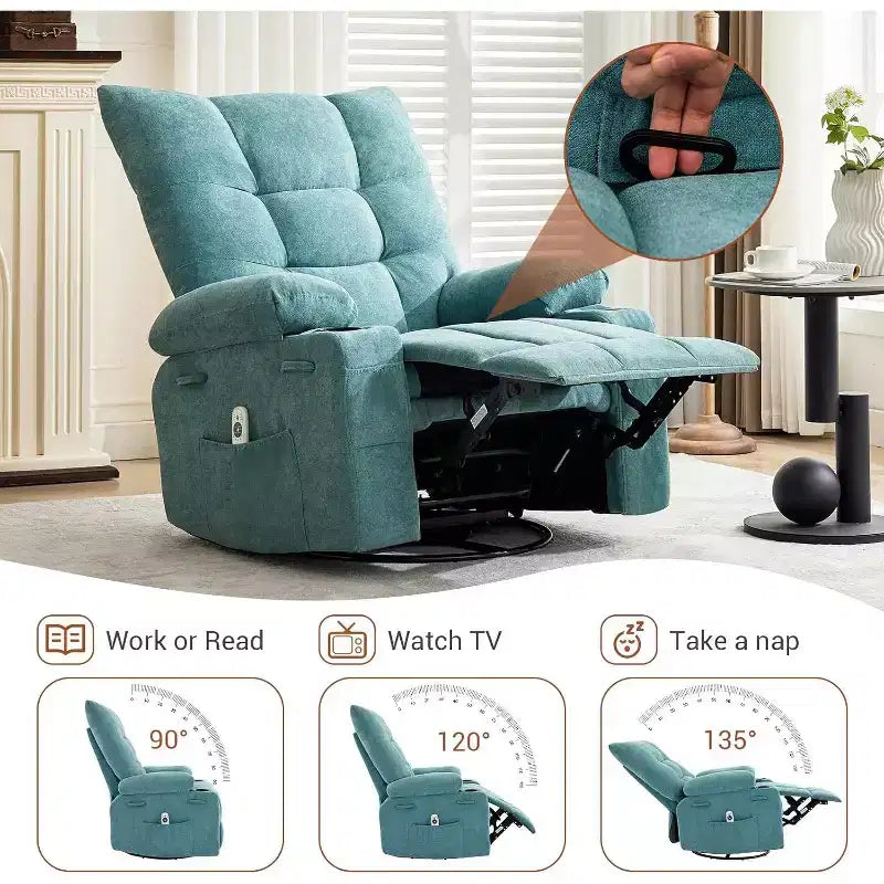 Fauteuil Inclinable Pivotant à Bascule avec Chauffage et Massage, Canapé Simple Pivotant Surdimensionné avec Porte-gobelets, Poche Latérale, Fauteuil Inclinable Ergonomique, Cinéma Maison