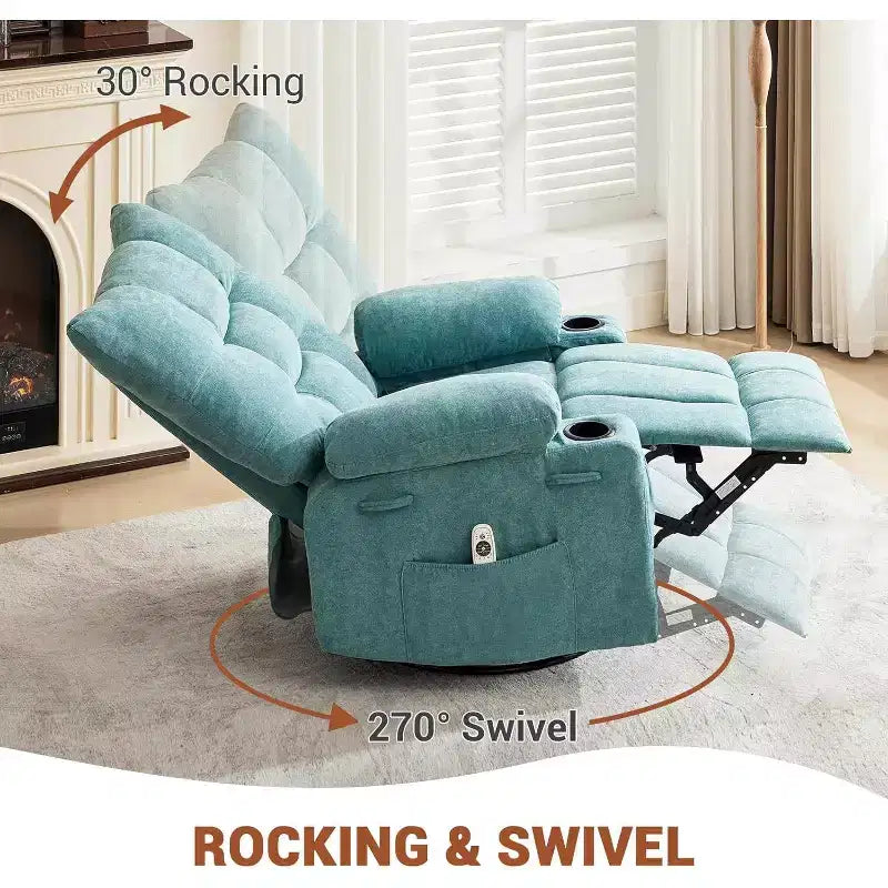 Fauteuil Inclinable Pivotant à Bascule avec Chauffage et Massage, Canapé Simple Pivotant Surdimensionné avec Porte-gobelets, Poche Latérale, Fauteuil Inclinable Ergonomique, Cinéma Maison