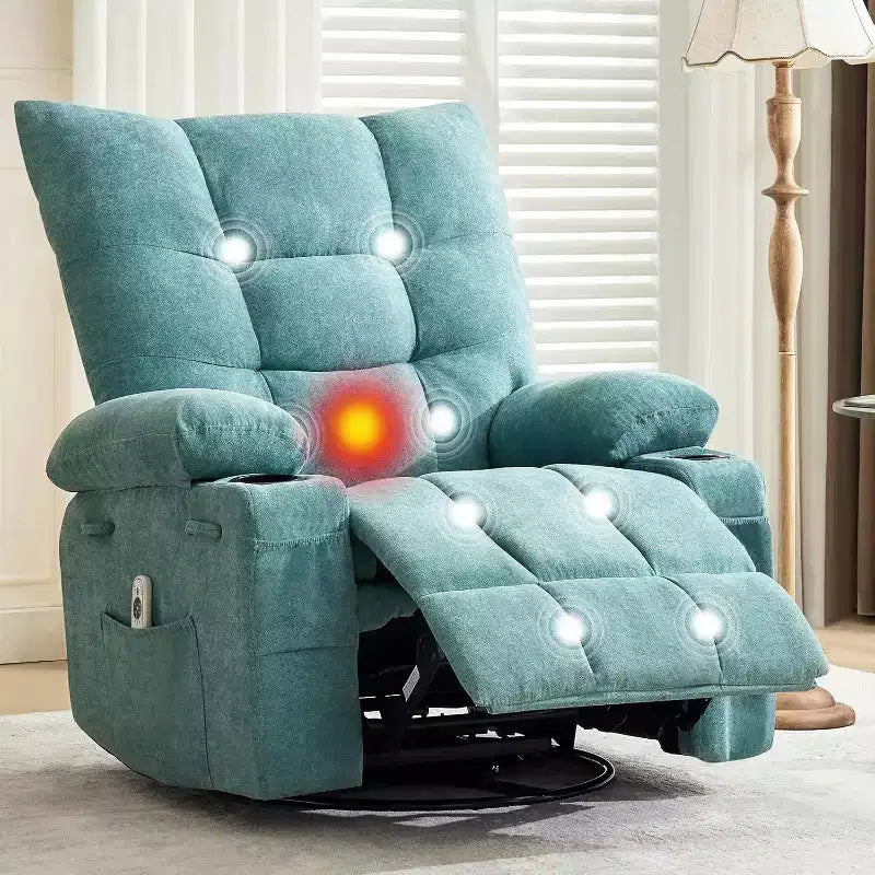 Swivel Rocker Recliner Chair with Heat Massage,Oversized Swivel Single Sofa with Cup Holders,Side Pocket,Ergonomic Lounge Recliner,Home Theater