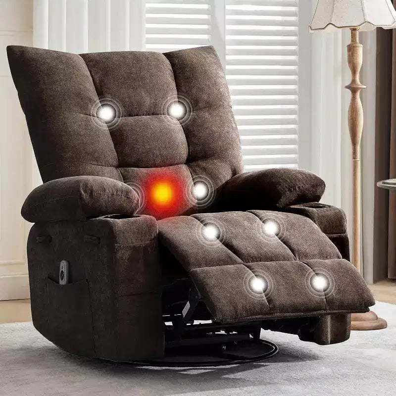 Fauteuil Inclinable Pivotant à Bascule avec Chauffage et Massage, Canapé Simple Pivotant Surdimensionné avec Porte-gobelets, Poche Latérale, Fauteuil Inclinable Ergonomique, Cinéma Maison