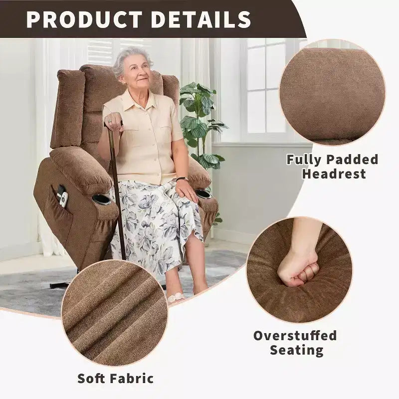 Poltrona Reclinabile Elettrica Power Lift per Anziani con Funzione Calore e Massaggio, Reclinazione a 3 Posizioni, 2 Portabicchieri, 2 Tasche Laterali, Porta USB, Telecomando