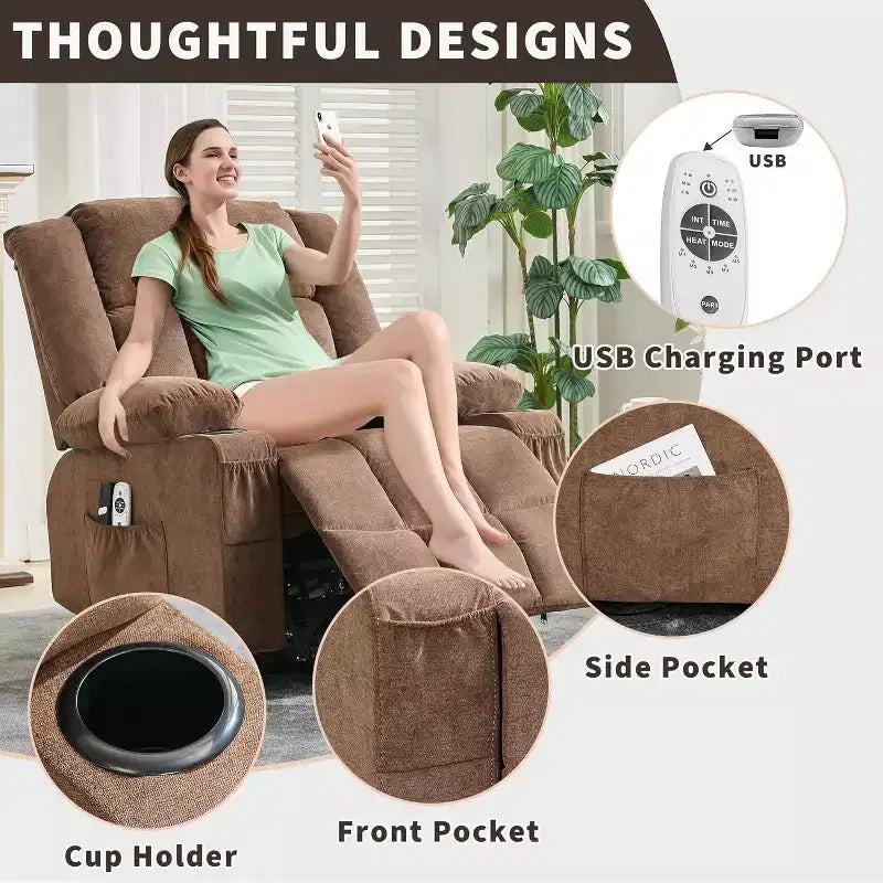 Poltrona Reclinabile Elettrica Power Lift per Anziani con Funzione Calore e Massaggio, Reclinazione a 3 Posizioni, 2 Portabicchieri, 2 Tasche Laterali, Porta USB, Telecomando