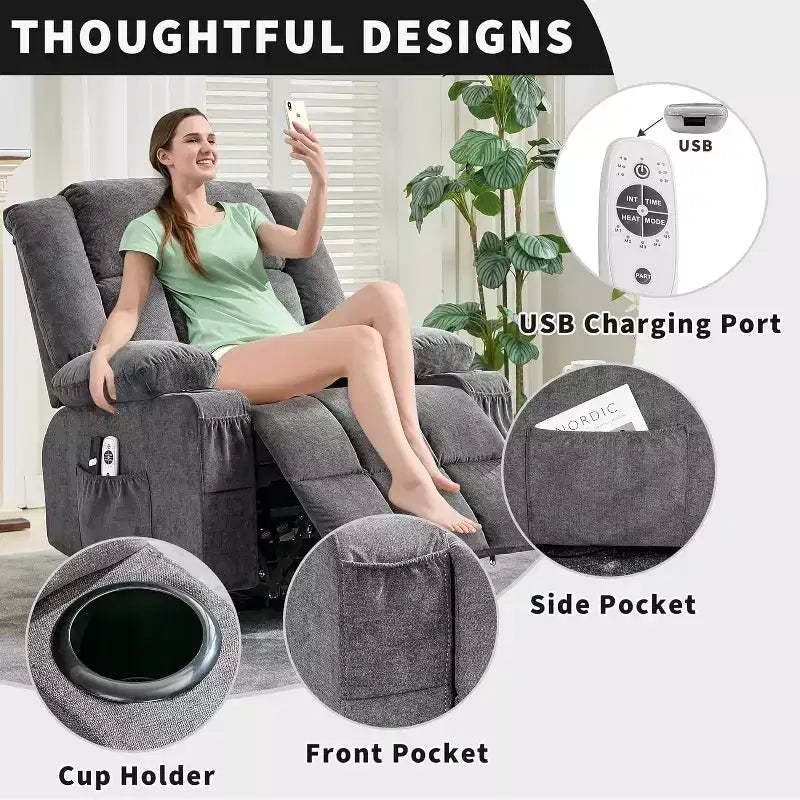 Poltrona Reclinabile Elettrica Power Lift per Anziani con Funzione Calore e Massaggio, Reclinazione a 3 Posizioni, 2 Portabicchieri, 2 Tasche Laterali, Porta USB, Telecomando