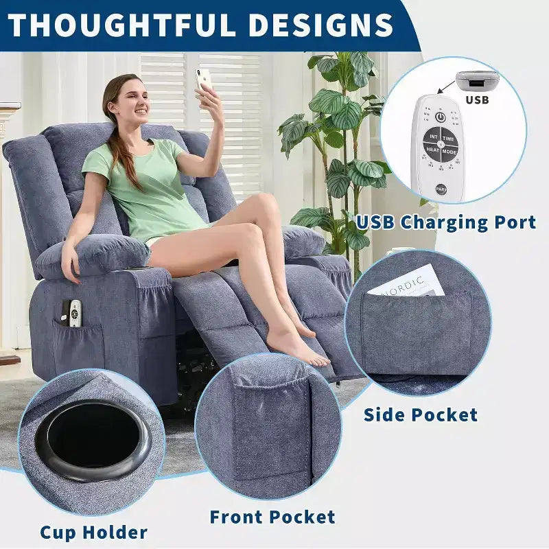 Poltrona Reclinabile Elettrica Power Lift per Anziani con Funzione Calore e Massaggio, Reclinazione a 3 Posizioni, 2 Portabicchieri, 2 Tasche Laterali, Porta USB, Telecomando