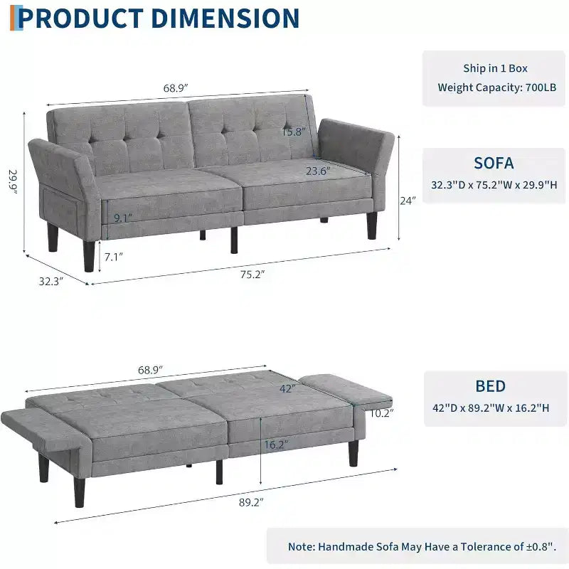 89 Canapé-lit futon, canapé-lit convertible avec dossier et accoudoirs réglables, canapé-lit moderne pour salon, chambre et appartements