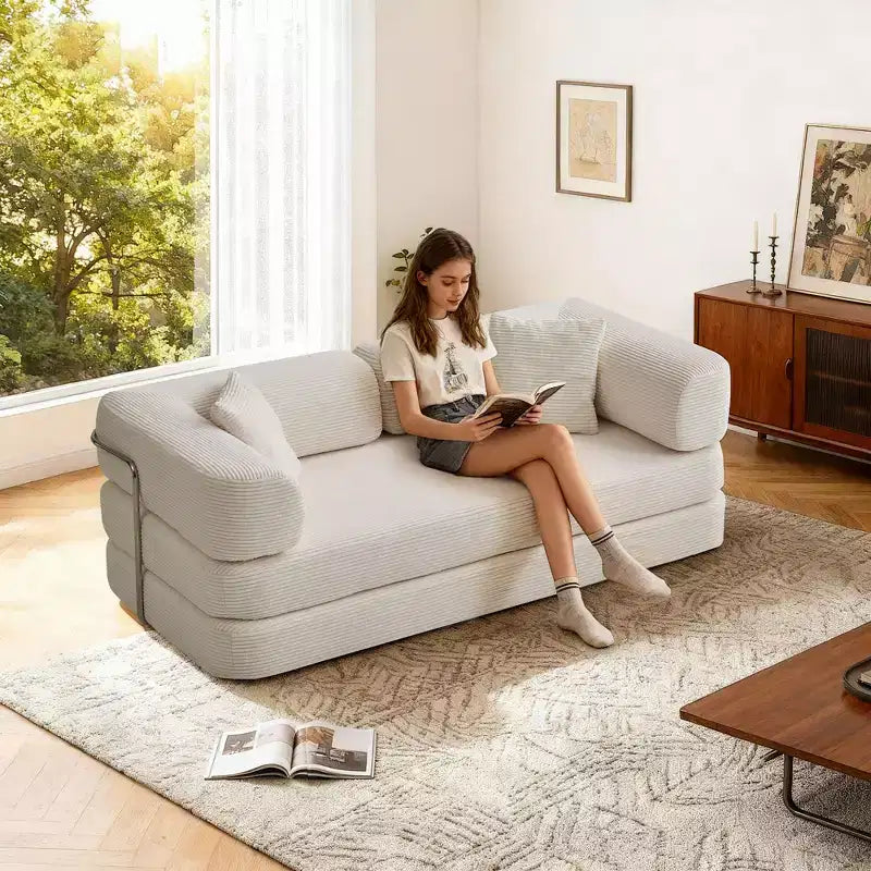 Divano Letto Convertibile Okak con Coperta e Cuscini, Divano Futon in Tessuto di Velluto a Coste per Soggiorno, Appartamenti