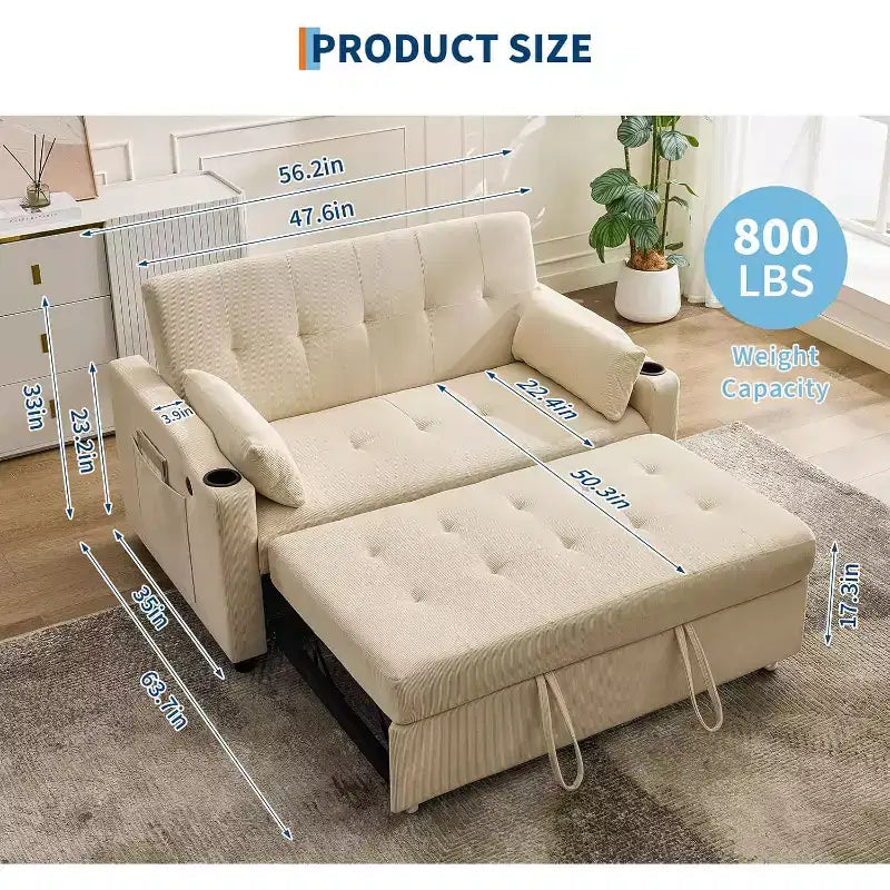 Divano Letto Trasformabile, Futon in Velluto a Coste con Letto Estraibile, Schienale Regolabile, Porta di Ricarica e Tasche Laterali, Divano Moderno Imbottito