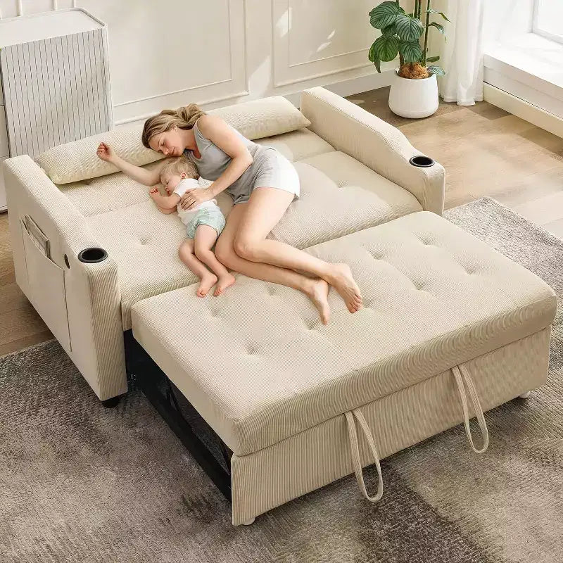 Divano Letto Trasformabile, Futon in Velluto a Coste con Letto Estraibile, Schienale Regolabile, Porta di Ricarica e Tasche Laterali, Divano Moderno Imbottito