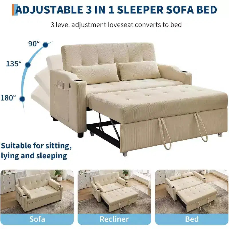 Divano Letto Trasformabile, Futon in Velluto a Coste con Letto Estraibile, Schienale Regolabile, Porta di Ricarica e Tasche Laterali, Divano Moderno Imbottito