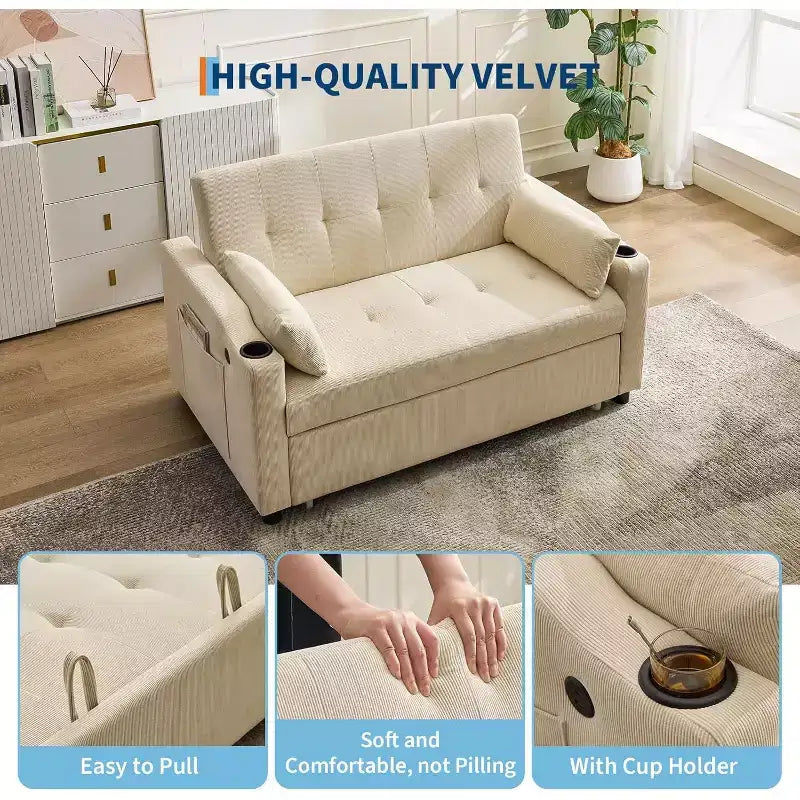 Divano Letto Trasformabile, Futon in Velluto a Coste con Letto Estraibile, Schienale Regolabile, Porta di Ricarica e Tasche Laterali, Divano Moderno Imbottito