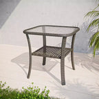 EAGLE PEAK Table d'appoint d'extérieur en osier avec rangement inférieur, Table basse en rotin avec plateau en verre trempé