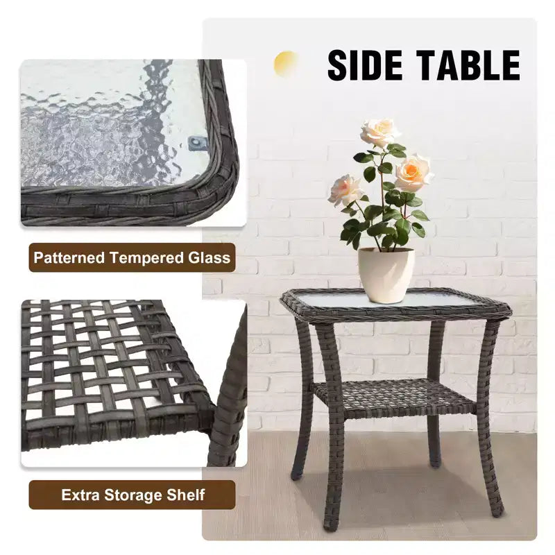 EAGLE PEAK Table d'appoint d'extérieur en osier avec rangement inférieur, Table basse en rotin avec plateau en verre trempé