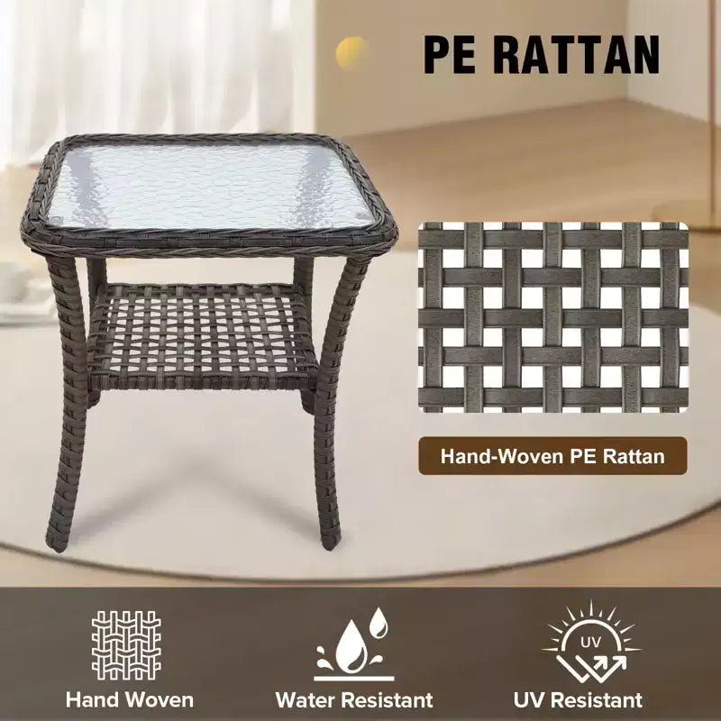 EAGLE PEAK Table d'appoint d'extérieur en osier avec rangement inférieur, Table basse en rotin avec plateau en verre trempé