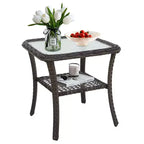EAGLE PEAK Table d'appoint d'extérieur en osier avec rangement inférieur, Table basse en rotin avec plateau en verre trempé