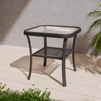 EAGLE PEAK Table d'appoint d'extérieur en osier avec rangement inférieur, Table basse en rotin avec plateau en verre trempé