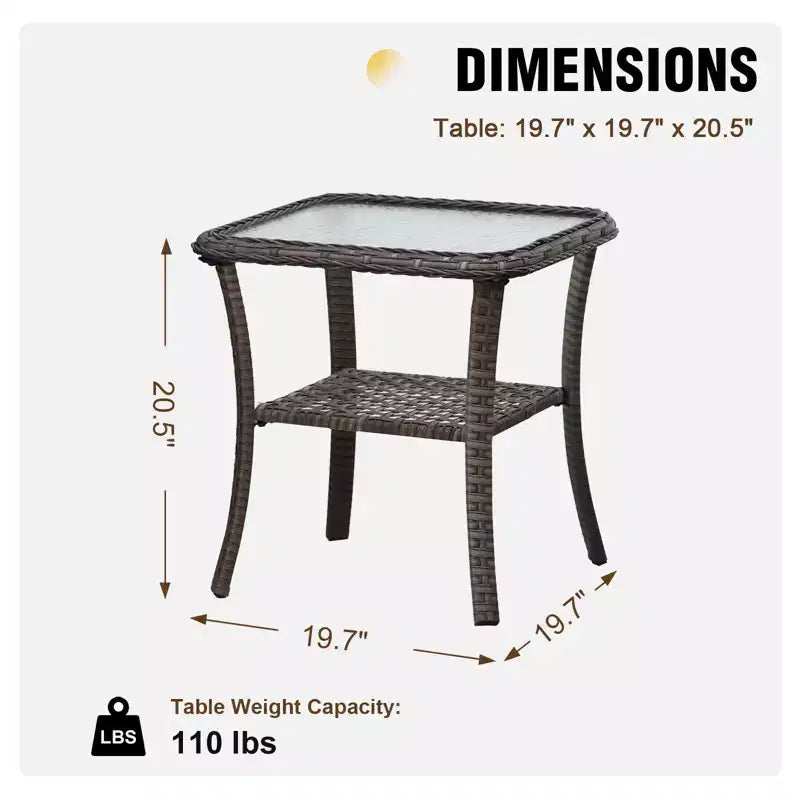EAGLE PEAK Table d'appoint d'extérieur en osier avec rangement inférieur, Table basse en rotin avec plateau en verre trempé