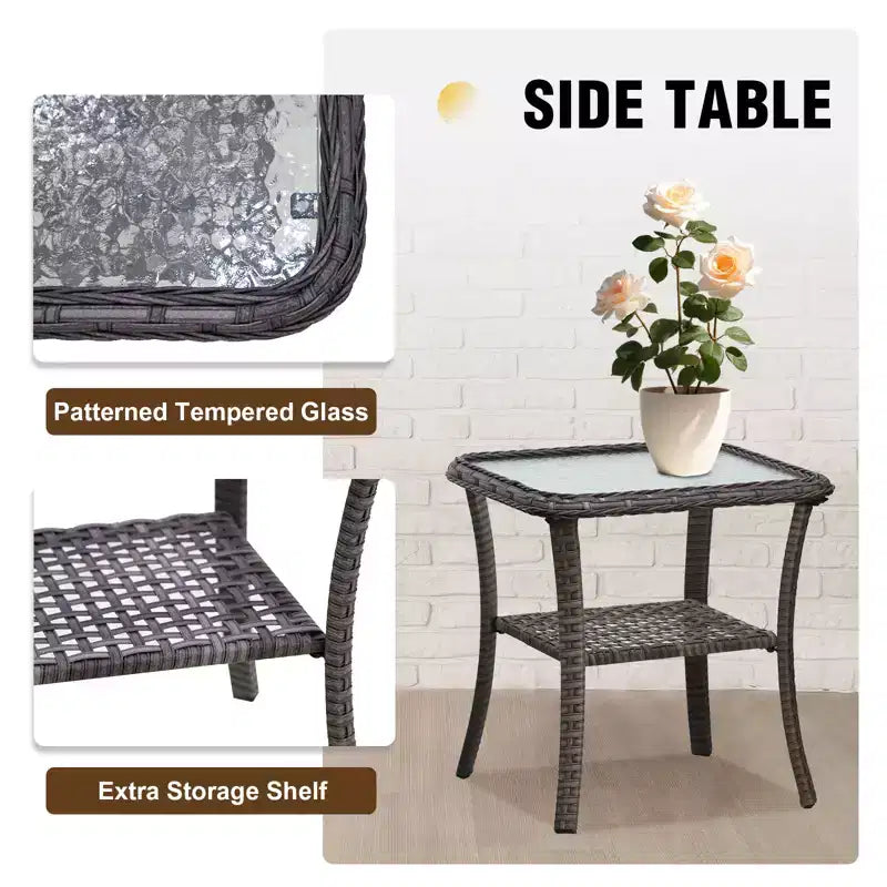 EAGLE PEAK Table d'appoint d'extérieur en osier avec rangement inférieur, Table basse en rotin avec plateau en verre trempé