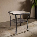 EAGLE PEAK Outdoor Wicker Side Table with Lower Storage, Rattan Coffee Table with Tempered Glass Top