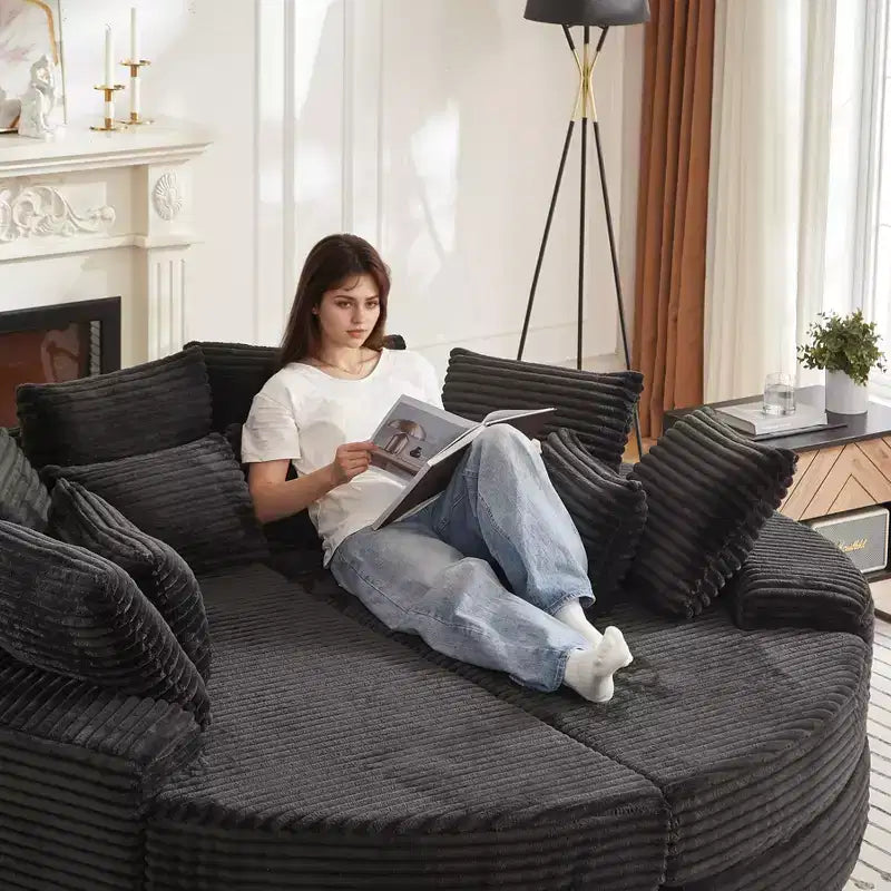 Divano reclinabile rotondo oversize in velluto a coste da 78,5 pollici, divano letto 2 in 1 trasformabile in due poltrone reclinabili, design con cuscino per il collo e cinque cuscini decorativi, nessun assemblaggio richiesto