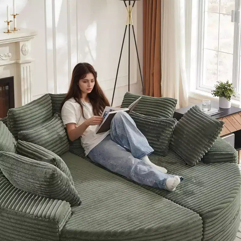 Divano reclinabile rotondo oversize in velluto a coste da 78,5 pollici, divano letto 2 in 1 trasformabile in due poltrone reclinabili, design con cuscino per il collo e cinque cuscini decorativi, nessun assemblaggio richiesto