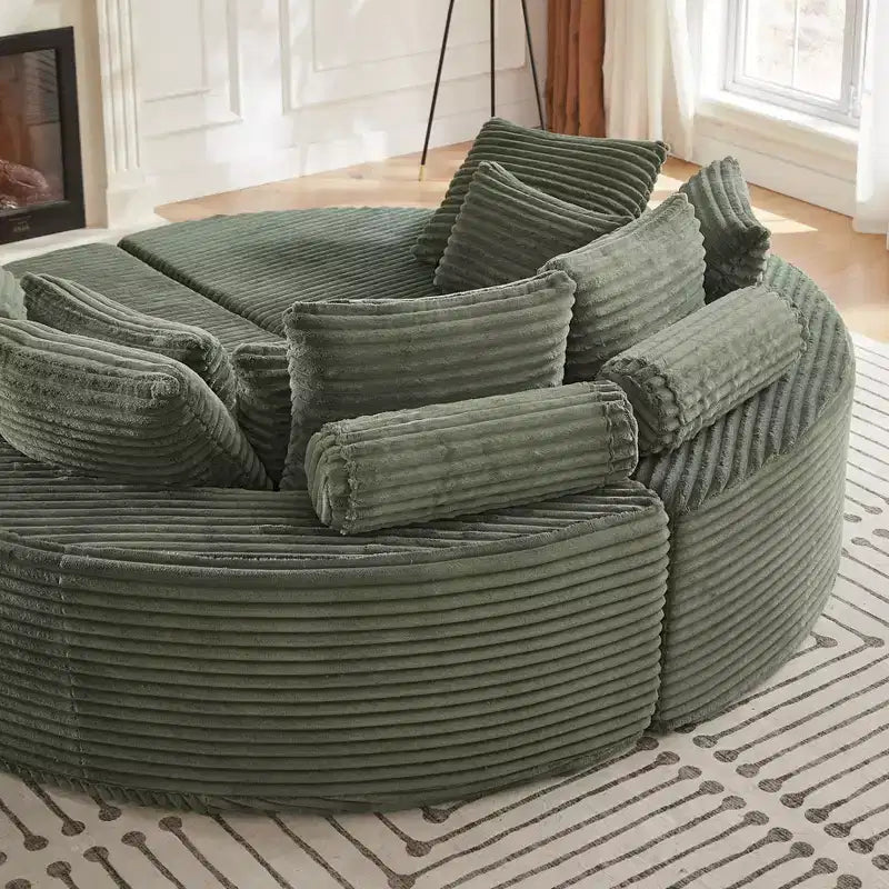 Divano reclinabile rotondo oversize in velluto a coste da 78,5 pollici, divano letto 2 in 1 trasformabile in due poltrone reclinabili, design con cuscino per il collo e cinque cuscini decorativi, nessun assemblaggio richiesto