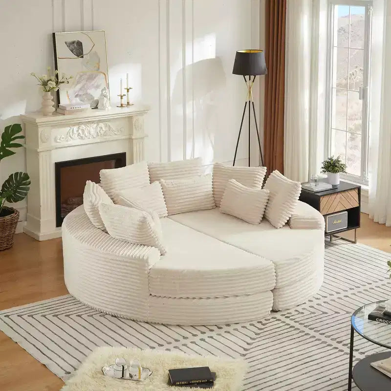 Divano reclinabile rotondo oversize in velluto a coste da 78,5 pollici, divano letto 2 in 1 trasformabile in due poltrone reclinabili, design con cuscino per il collo e cinque cuscini decorativi, nessun assemblaggio richiesto