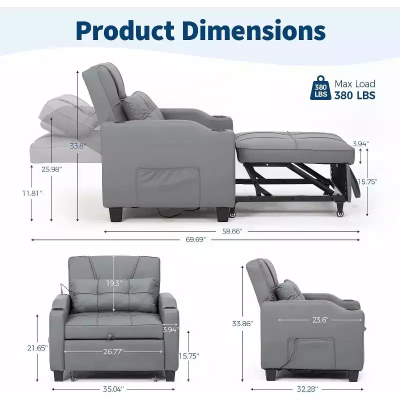 Garvee 3-in-1 - Divano Letto Convertibile con Schienale Regolabile, Ricarica USB, Portabicchieri e Tasche Laterali, per Soggiorno e Camera da Letto