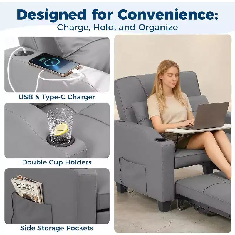 Garvee 3-in-1 - Divano Letto Convertibile con Schienale Regolabile, Ricarica USB, Portabicchieri e Tasche Laterali, per Soggiorno e Camera da Letto