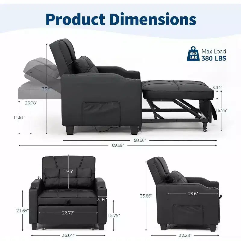 Garvee 3-in-1 - Divano Letto Convertibile con Schienale Regolabile, Ricarica USB, Portabicchieri e Tasche Laterali, per Soggiorno e Camera da Letto
