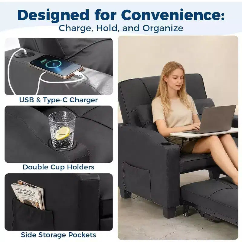 Garvee 3-in-1 - Divano Letto Convertibile con Schienale Regolabile, Ricarica USB, Portabicchieri e Tasche Laterali, per Soggiorno e Camera da Letto