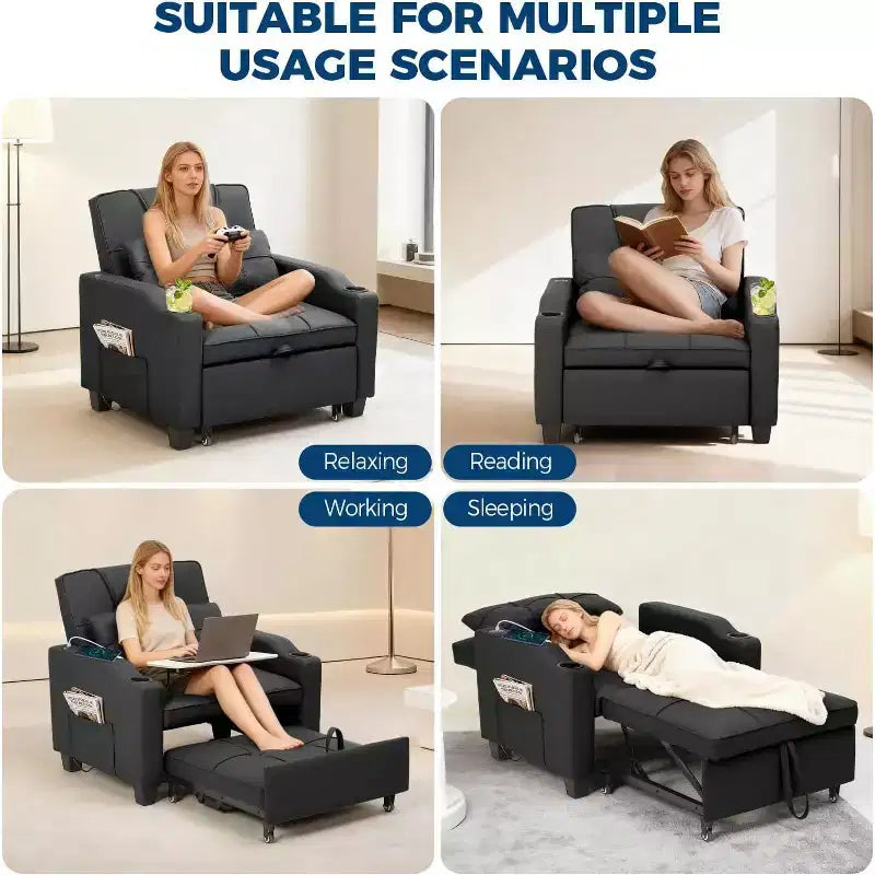 Garvee 3-in-1 - Divano Letto Convertibile con Schienale Regolabile, Ricarica USB, Portabicchieri e Tasche Laterali, per Soggiorno e Camera da Letto