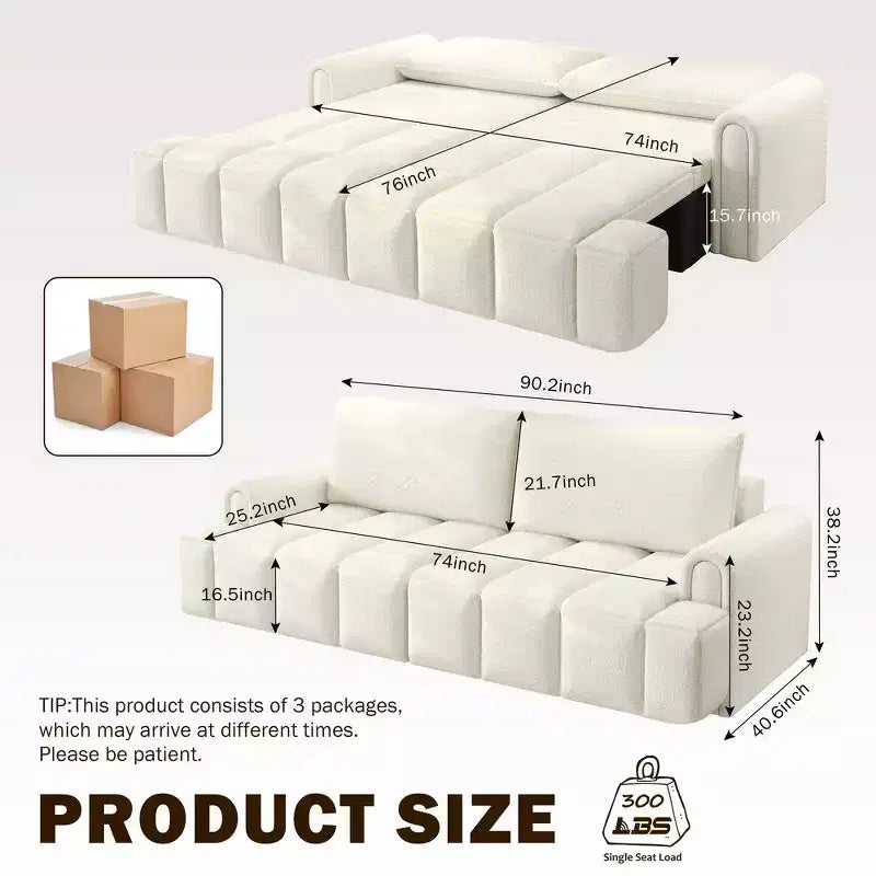 Canapé moderne et confortable 4 places Whisen 90.2 en tissu Teddy, grand lit-canapé convertible 3 en 1 avec rangements sous les assises